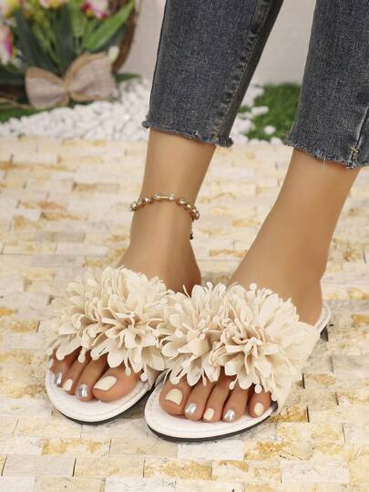 Women's Sweet 3D Floral Sandals, Elegant White Bridal Wedding Beach Shoes, Romantic 3D Floral Open Toe Slides, Summer Bohemian Flat Slippers