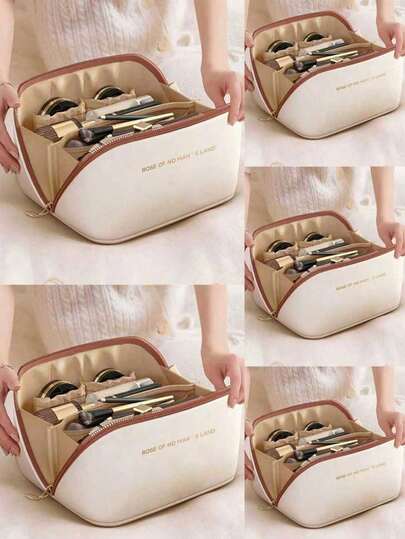 Grand sac cosmétique en PU à double couche et imperméable, organisateur de voyage multifonctionnel, organisateur de maquillage, pochette de soins de la peau, trousse de toilette, organisateur de maquillage de voyage à domicile, étui de rangement de beauté portable, contenant d'articles de toilette, pochette cosmétique compacte, accessoire de sac à main, cadeau parfait pour les femmes, les filles, les maquilleurs professionnels