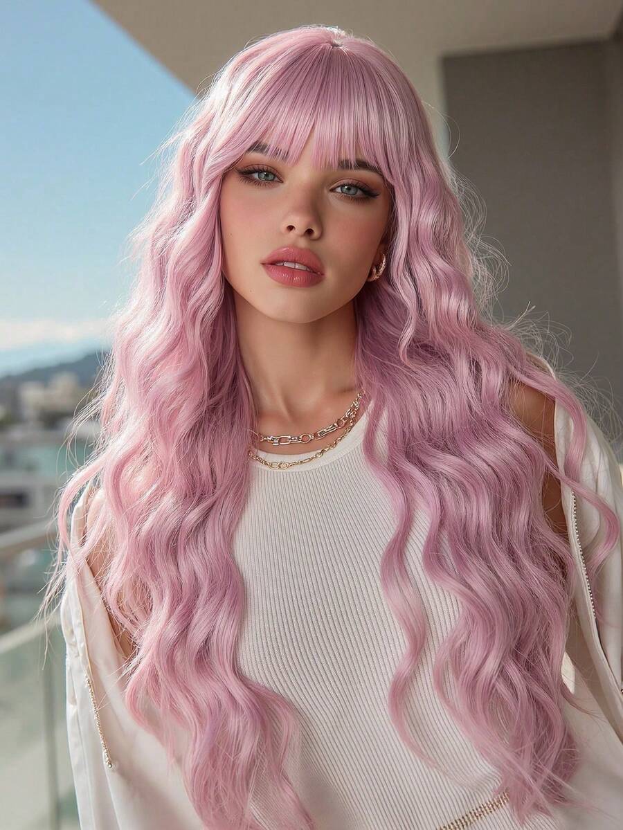 26英寸粉色卷发假发，带刘海，耐热合成纤维，自然逼真，适合女性日常、派对、节日、万圣节、圣诞节、角色扮演等场合，风格自然、性感、浪漫、优雅、休闲。