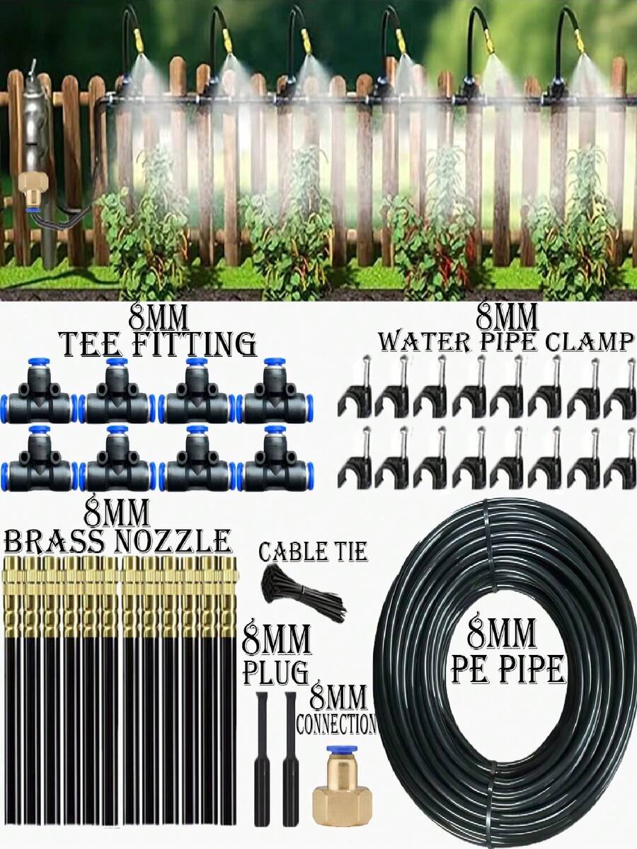 Automatic Misting Irrigation Kit, Made Of Durable Plastic, Includes 5/8" Garden Hose, Bendable Brass Nozzle, Easy To Install, 360° Adjustable Brass Misters, Suitable For Gardening Irrigation Systems, Plants, Raised Beds, And Greenhouses, Applicable For Lawns, Yards, Greenhouses, Farmlands, Vegetable Gardens, Flower Beds, And Orchards