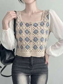 New Arrival Summer Casual Colorblock Crochet Patchwork Long Sleeve Cropped Shirt - Apricot - View 9