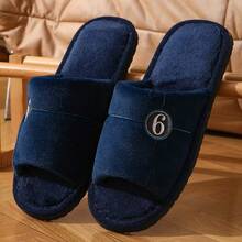 Fashionable New Comfortable Couple Slip-On Slippers, Warm Plush Closed Toe Slippers With Numeric Logo - Men's Slippers - View 6