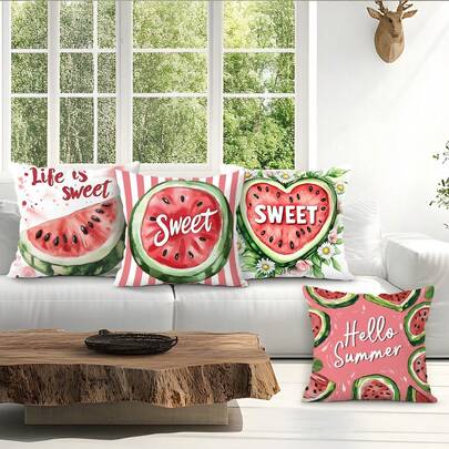 4件套清爽夏日西瓜主题天鹅绒印花抱枕套，100%涤纶，适用于客厅、沙发、卧室装饰，不含枕芯，尺寸：40x40厘米/45x45厘米/50x50厘米