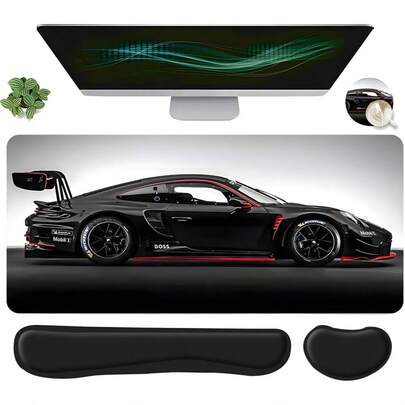 Bộ 4 tấm lót chuột chơi game cỡ lớn thiết kế xe thể thao màu đen, bao gồm kê cổ tay bàn phím, kê cổ tay chuột công thái học và đế lót ly, thảm trải bàn máy tính cỡ lớn có hỗ trợ cổ tay, lý tưởng cho văn phòng tại nhà, chơi game và trang trí bàn làm việc.