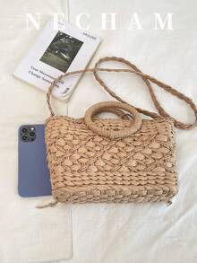 1pc Summer New Solid Color Straw Tote Bag, Simple Casual Large Capacity Shoulder Bag For Daily Use - Khaki - View 5