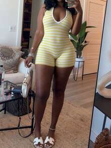 Vaiaye Women's Fashionable Sexy Deep V-Neck Backless Short Sleeve Jumpsuit, Contrast Color Striped Jumpsuit, Women Fitness Wear Summer Elegant - Yellow - View 5