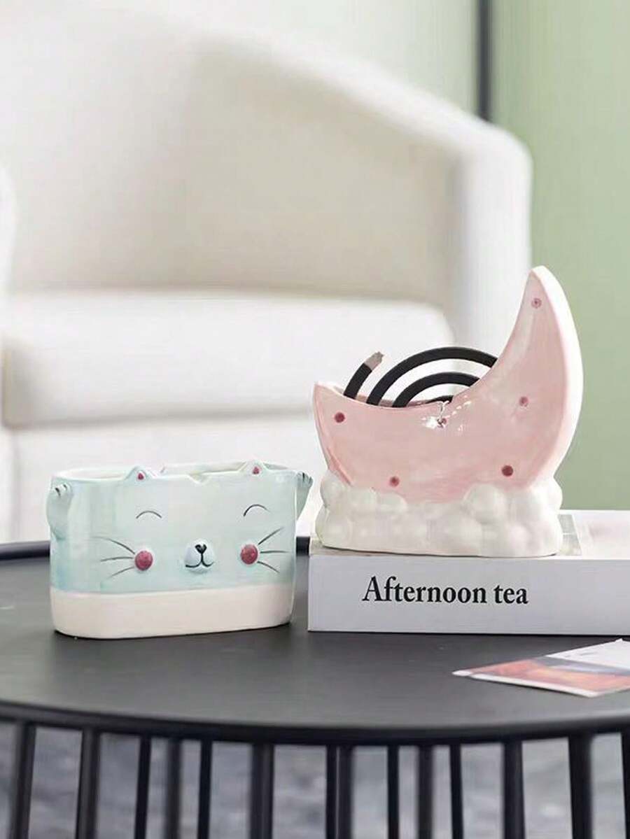 1pc Ceramic Crescent Moon Mosquito Coil Holder, Cute Creative Indoor Home Decor, Easy To Clean Tabletop Ornament - Multicolor - View 1