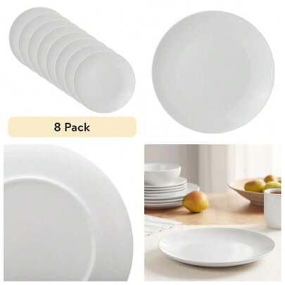 Round Stoneware Dinner Plate Glazed White Ceramic 10.3 Inch Set Of 8