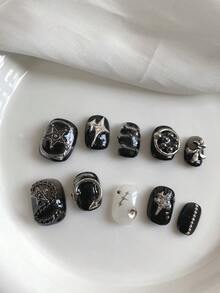 10 móng tay giả kiểu Gothic đen bạc hình ngôi sao 3D bằng kim loại | Bộ móng giả ngắn phong cách Y2K Punk ngọt ngào cá tính cho tiệc tùng và sử dụng hàng ngày - Nhiều màu - Xem 10