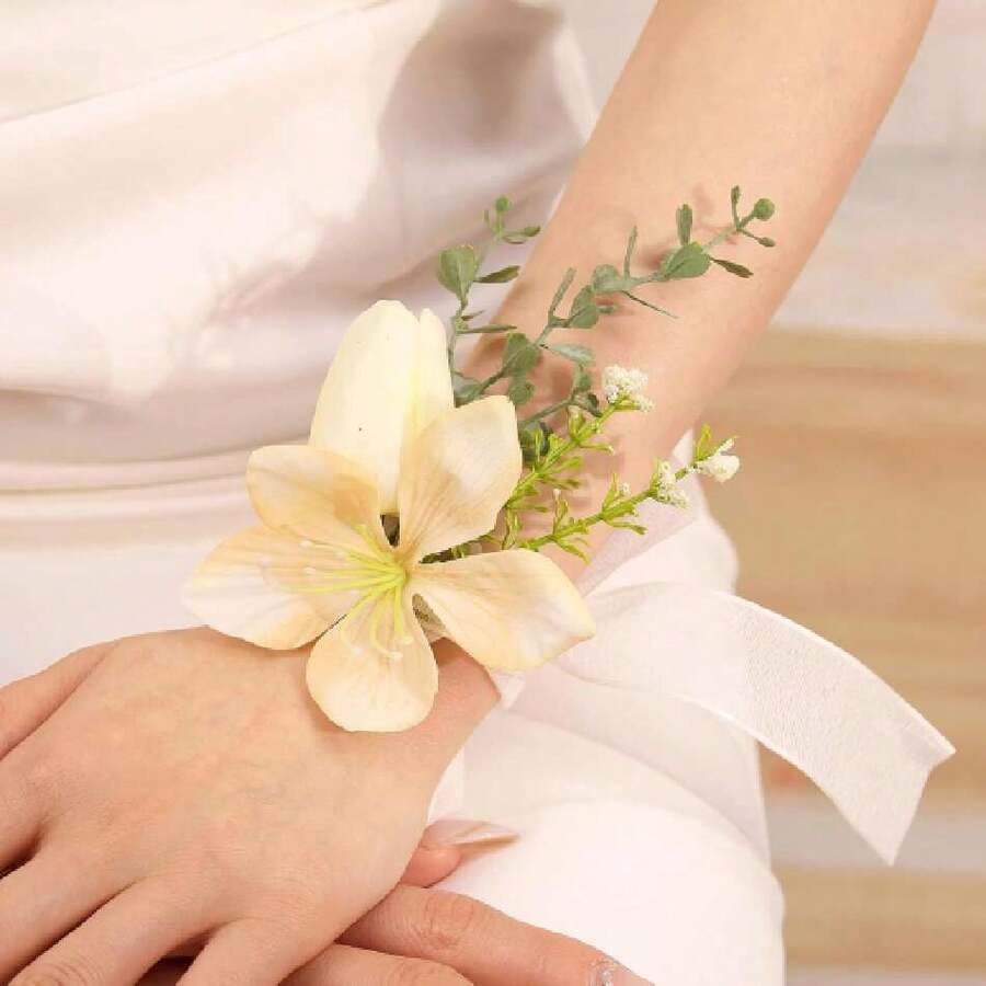 Flower Wrist Corsage Wedding Bridal Prom Artificial Moth Orchid Ribbon Wristlet Bridesmaid Hand Dr Wristband For Hoing Ceremony Party (Orchid - Brown),44372779 - 黑與白 - 查看 1