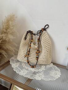 SIMUTINE New Spring/Summer Casual Woven Shoulder Bag, Handmade Vacation Tote, Large Capacity Crossbody Bucket Bag, Fabric, Suitable For Daily Use, Shopping, Travel, Work, College - Apricot - View 7