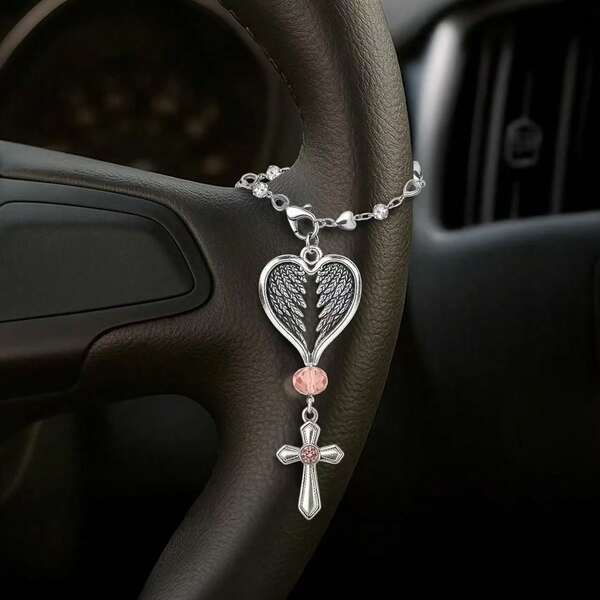 Cross For Car Mirror Hanging Steering Wheel Rosary Charm Rearview Hanging Cross Ornament For Car Interior Decoration Christian Rear View Mirror Accessories Charm Christian Gifts For Women Men