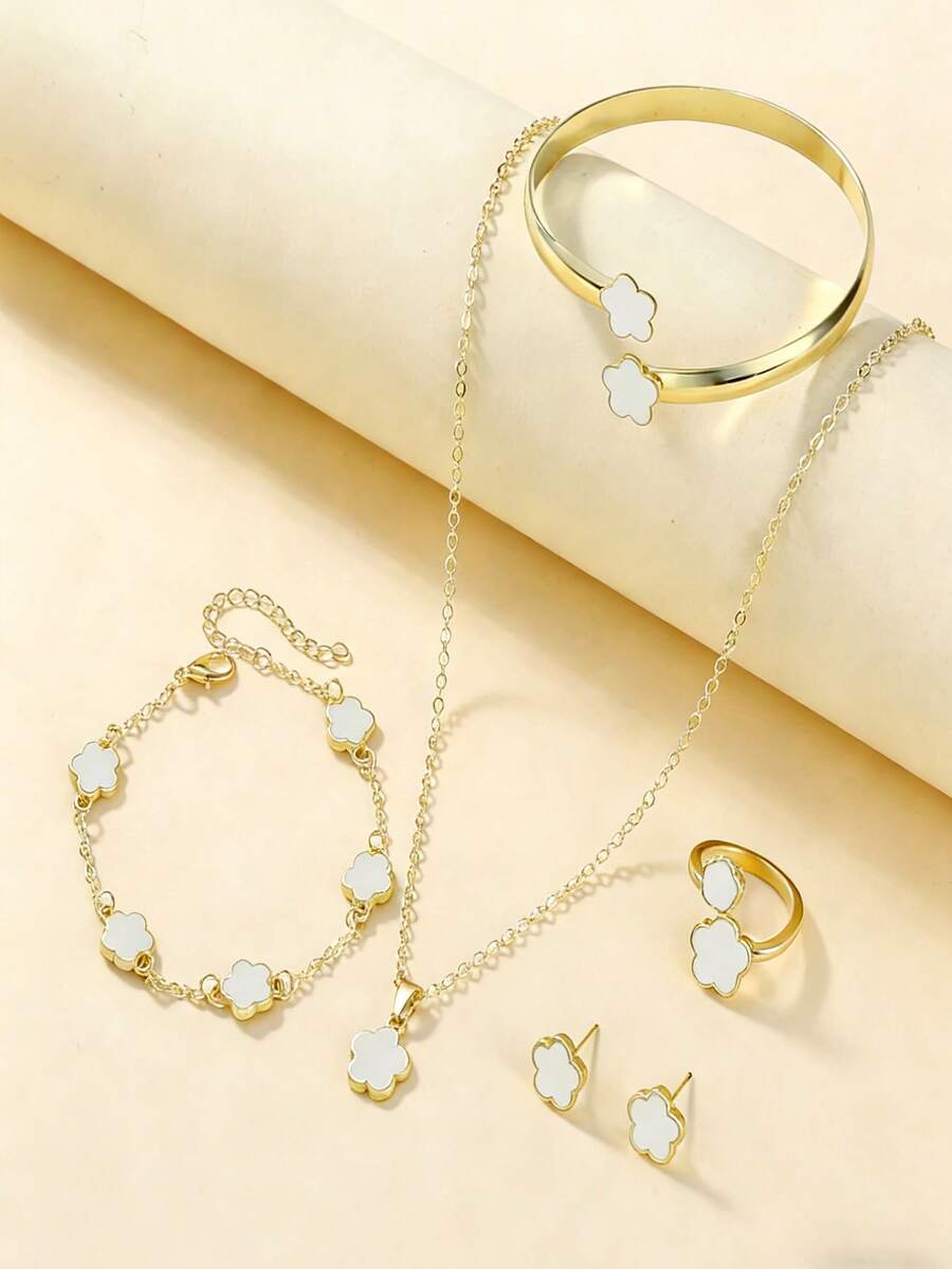 6pcs/Set Clover Jewelry Set For Girls, Fashionable Versatile Elegant Jewelry - White - View 1