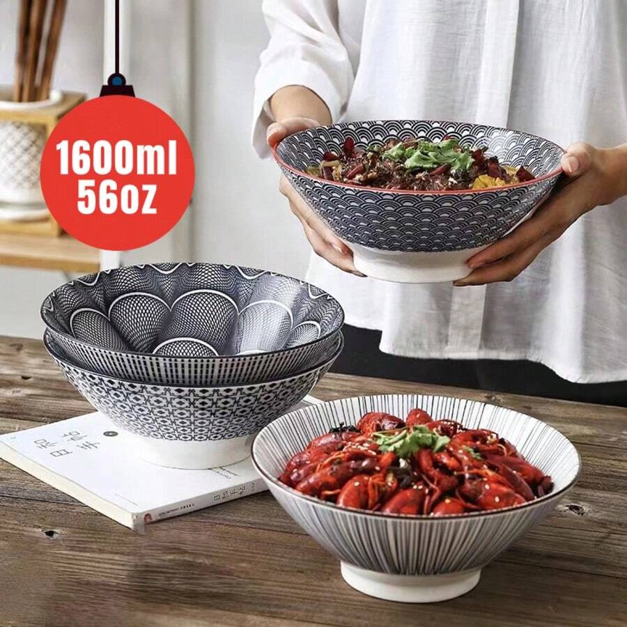 2个装，9英寸日式陶瓷拉面碗，56盎司，可作面条碗、沙拉碗、水果碗、意面碗，适用于家庭厨房、餐厅、节日聚会、礼品，可用洗碗机和微波炉清洗，易于清洁 - 彩色 - 查看 1