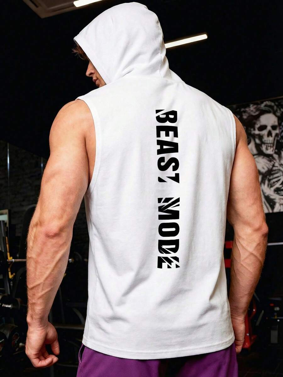Áo hoodie không tay in chữ dọc Beast Mode, áo nam casual, trang phục thể thao đường phố Mỹ. - trắng - Xem 1