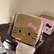 SANRIO 1pc Suede Embroidered Kitty Makeup Bag, Large Capacity Sanitary Pad Storage Small Square Pouch, Portable Essentials Organizer Bag - View 2