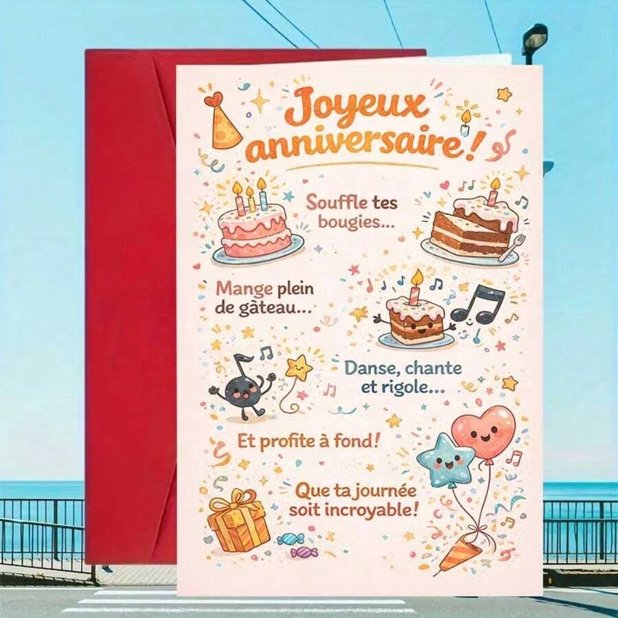 1pc Cute Birthday Card | Joyeux Design With Cakes, Balloons, And Music Fun | French Theme Message Perfect For Friend, Family, Colleague Party Celebration | Gift Envelope Included