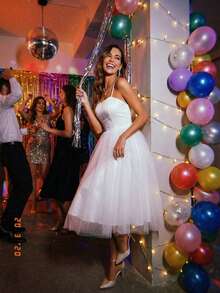 Elegante vestido de novia, vestido de novia blanco para mujer, vestido de novia de longitud té, vestido de noche de satén para mujer, vestido formal de tul para mujer, vestido formal de fiesta de boda para mujer - Blanco - Ver 6