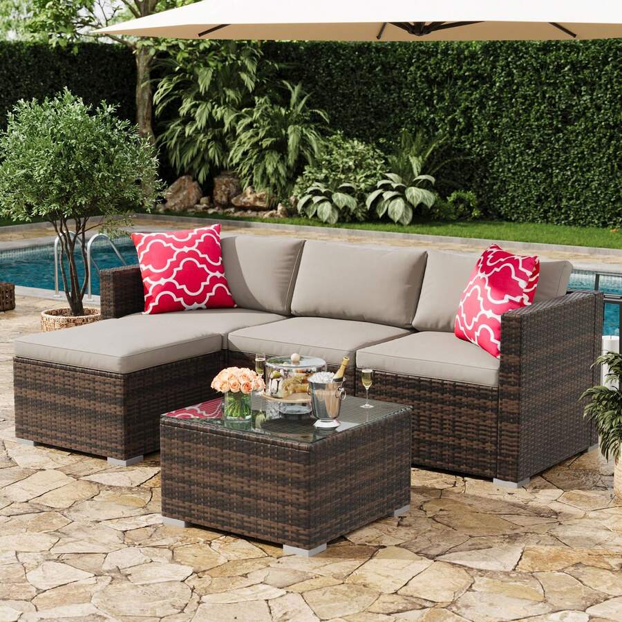 5-Piece Outdoor Sectional Sofa Set, All-Weather PE Rattan Patio Furniture With Ottoman & Tempered Glass Table, Convertible Garden Couch For Backyard, Porch, Poolside - Brown/Light Gray - 查看 1