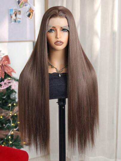باروكة طويلة مستقيمة أمامية من الدانتيل، 28 بوصة خط الشعر مع شعر طفل، لون بني، مناسبة للاستخدام اليومي، التجمعات العائلية، المناسبات، الأعياد، الأزياء، مصنوعة من ألياف اصطناعية، هدية عيد الميلاد للنساء، موسم الزفاف، عيد الأم، مهرجان الموسيقى