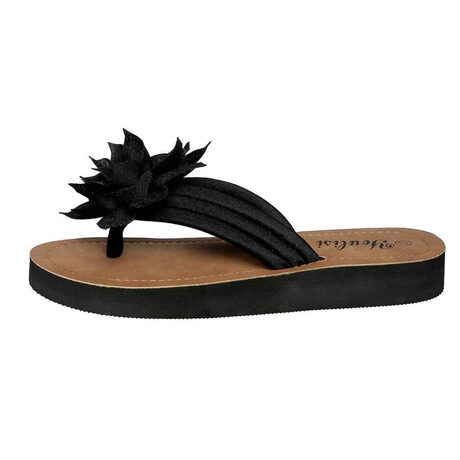 1 Pair Floral Black Flat Sandals - Black - View 1