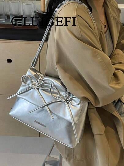 1pc Solid Colored Drawstring Ruffled Bow Decorated Pu Material Flap Zipper Closure Shoulder Bag With Adjustable Long Strap, Suitable For Daily Commuting And Casual Outfits.