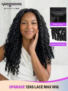 MEGALOOK 13x6 Water Wave Burmese Curly Wig Upgrade 13x6 Three-Go™ Glueless Wig With Finger Coil Ends All In 1 3D Lace Half Wig Water Wave Wig 100% Human Hair Pre Cut Lace Front Pre Bleached & Pre Plucked Natural Hairline Tiny Knots Easy Wear With Drawstring Breathable Cap - SNatural - View 1