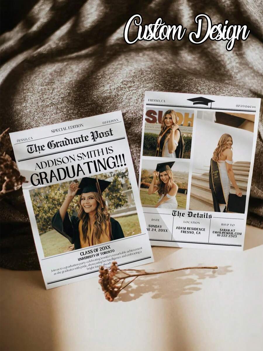 1 pieza - Tarjeta de invitación de graduación personalizada, estilo periódico, invitación de graduación 2026 en estilo periódico, anuncio de graduación, graduación universitaria, decoración de graduación, invitación de graduación con foto personalizada, puede agregar texto para crear su propia tarjeta, tarjeta conmemorativa personalizada - Multicolor - Ver 1