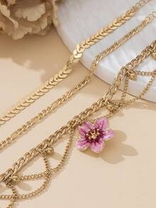 3pcs Set Of Elegant Vintage Luxury Handmade Gradient Tie Dye Pink Eggplant Flower Tassel Anklets - Pink - View 4