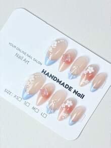 10 Stück handgefertigte, individuelle eisblau-französische Farbverlauf 3D Blumen & Schmetterling Nagelaufkleber zum Aufkleben - Weiss - Übersicht 2