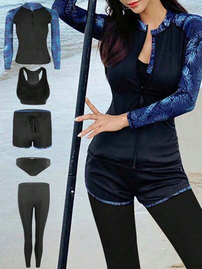5pcs Women's Long Sleeve Swimsuit Set With Beach Pants, Surfing And Diving Suit Black Spring