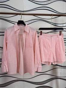 Linen Shirt And Shorts Set (2 Pieces) - Pink With Pockets - View 1