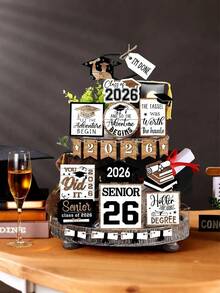 22pcs 2026 Graduation Tiered Tray Decor Set, Wooden Graduation Decorations, 2026 Graduation Desktop Decor, "Adventure Starts Here" Graduation Sign, "I Did It" Rustic Style Graduation Desktop Centerpiece, 2026 Graduation Gown, Diploma Rustic Style Sign, Suitable For Bookshelf, Party And Office Desk (Black, White) - 2026 Graduation Wooden Desk Decoration Set - View 5