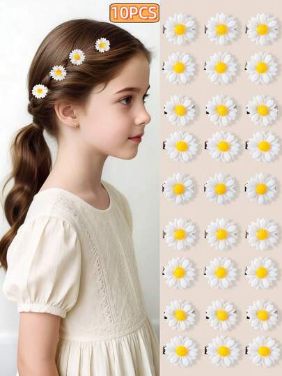 10pcs Fresh Daisy Hair Clips, Sweet Bangs Clips, Cute Girl Hair Accessories (Color May Vary Slightly Due To Handmade Dyeing Process)