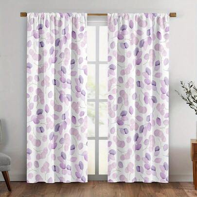 2 szt., fioletowo-białe, wzór liści eukaliptusa, minimalistyczny styl botaniczny, zasłony z nadrukiem 2D na płasko, 100% tkanina poliestrowa, zasłony z kieszeniami na drążek, 2-panelowe, z nadrukiem 2D na płasko, bez podszewki, 90 g/m2, szerokość 180 cm, idealne na zasłony do sypialni, salonu, jadalni, łazienki i na zewnątrz