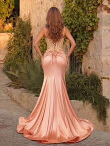Women's Contrast Color Party Mermaid Hem Slit Formal Evening Gown Dress Wedding - Coral Pink - View 3