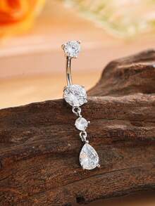 1pc Stainless Steel Water Drop 3-Segment Zirconia Belly Button Ring, Sexy Piercing Jewelry For Women - 1 - View 6
