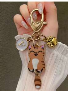 Customized Initial Cat Paw & Heart Keychain, Gold Heart Charm, Cat Paw Pendant, Gift For Girls - Khaki Cat + Paw Print Heart-shaped Buckle - View 5