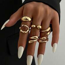 6pcs Set Gold Irregular Ring Set, Bohemian Style Molten Metal Stackable Rings, Retro Luxurious Edgy Jewelry, Assorted Gold Tone Irregular Designs - Vàng - Xem 2
