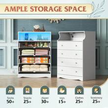 Modern Tall Dresser For Bedroom With Power Outlet, 4 Drawer Wood Chest Of Drawers With Open Shelf, Vertical Storage Organizer For Living Room, Hallway & Closet - 白色 - 查看 5