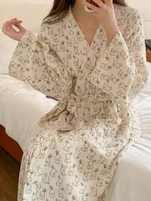 Lightweight Spring/Summer Robe/Sleepwear, Rabbit Print Sheer Robe/Kimono, Minimalist European Style, Long Sleeve, V-Neck, With Pockets, Comfortable Women's Loungewear Robe, Suitable For Spring, Summer, Autumn, Home, Bathroom, Best Birthday Gift For Daughter/Family - As Show - View 15