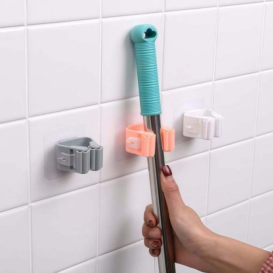 Wall Mounted Mop Holder Hook, No Drill Adhesive Broom Organizer Hanger, Bathroom Storage Clip - A - View 1