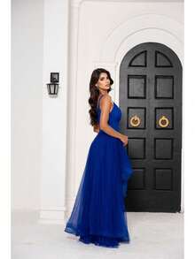 Greek Goddess Gala Dress In Tulle Without Glitter, With Capes And Invisible Zipper - Royal Blue - View 4