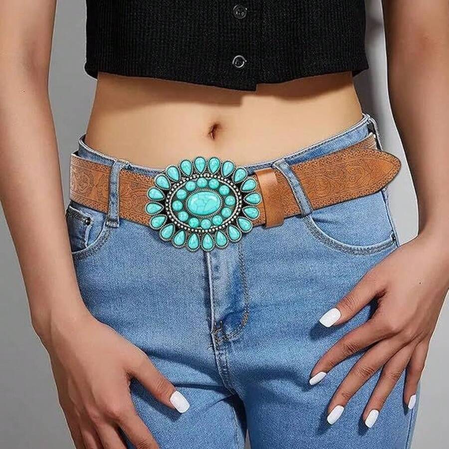 Western Cowboy Vintage Carved Belt - Bohemian Unisex Denim Belt - 駝色 - 查看 1
