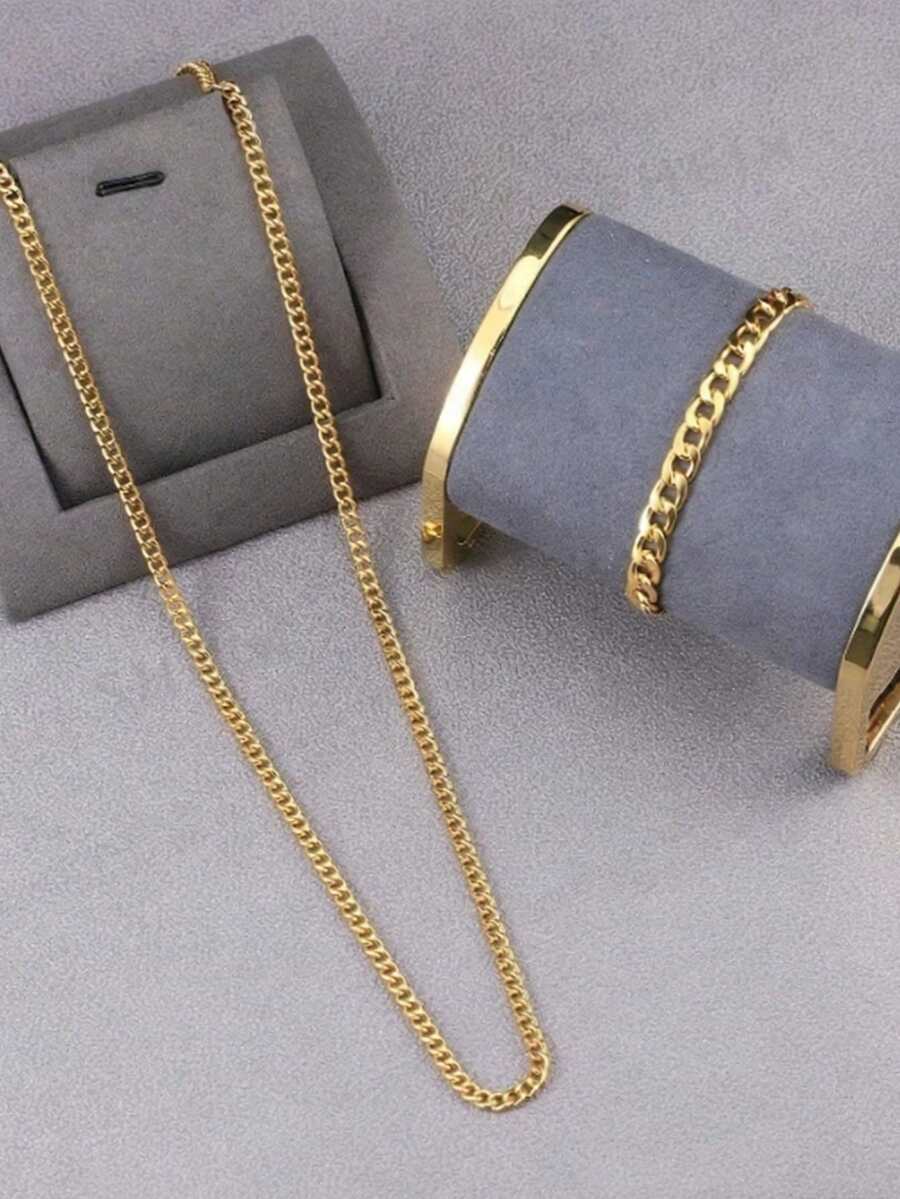 Bộ 2 món dây chuyền và vòng tay nam bằng thép không gỉ thời trang tối giản, đa năng. - Vàng - Xem 1