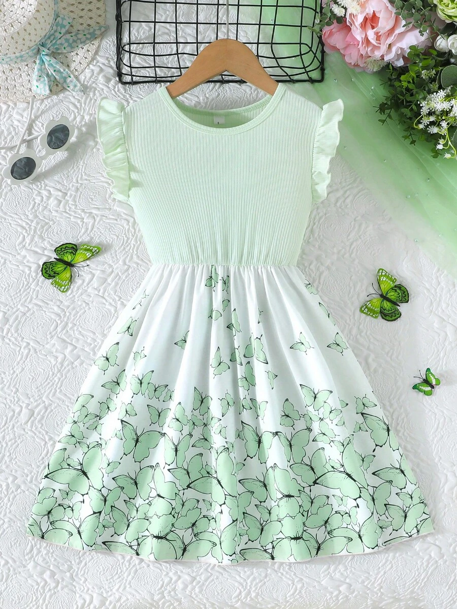 Tween Girls' Elegant Cap Sleeve Ribbed Patchwork Floral Print Casual Dress, Summer - Mint Green - View 1
