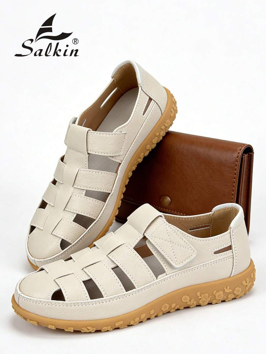 Salkin 夏季女款包頭羅馬平底涼鞋鏤空編織籠鞋橡膠底米色休閒走路鞋復古透氣漁夫涼鞋適合日常度假