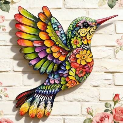 1 chiếc trang trí tường bằng kim loại hình chim ruồi hoa 2D nhiều màu sắc - Đồ trang trí chim theo phong cách nghệ thuật dân gian Mexico Bohemian, kiểu cổ điển, thích hợp cho phòng khách, sân hiên, ban công, nhà nghỉ, cửa hàng hoa và vườn, trang trí nhà cửa, trang trí sân vườn, trang trí tường nghệ thuật, quà tặng cho người yêu chim và thiên nhiên.