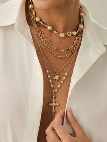 5pcs/Set Crystal-Embellished Cross & Flower Pendant Necklace Set, Suitable For Daily Wear, Party, Holiday Gift - Multicolor - View 1