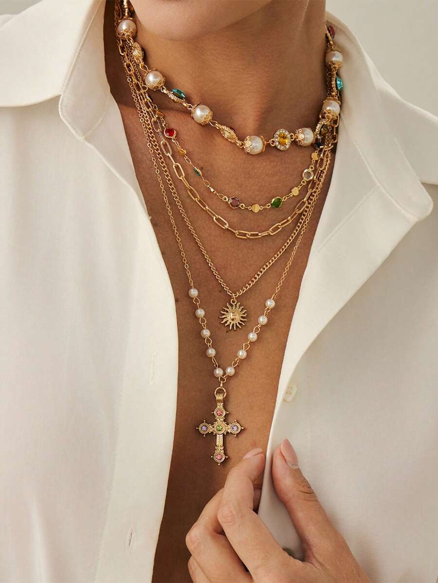 5pcs/Set Crystal-Embellished Cross & Flower Pendant Necklace Set, Suitable For Daily Wear, Party, Holiday Gift - Multicolor - View 1